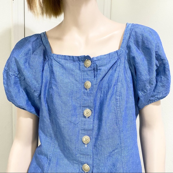 ANN TAYLOR Chambray Puff Sleeve Square Neck Blouse - Picture 3 of 12